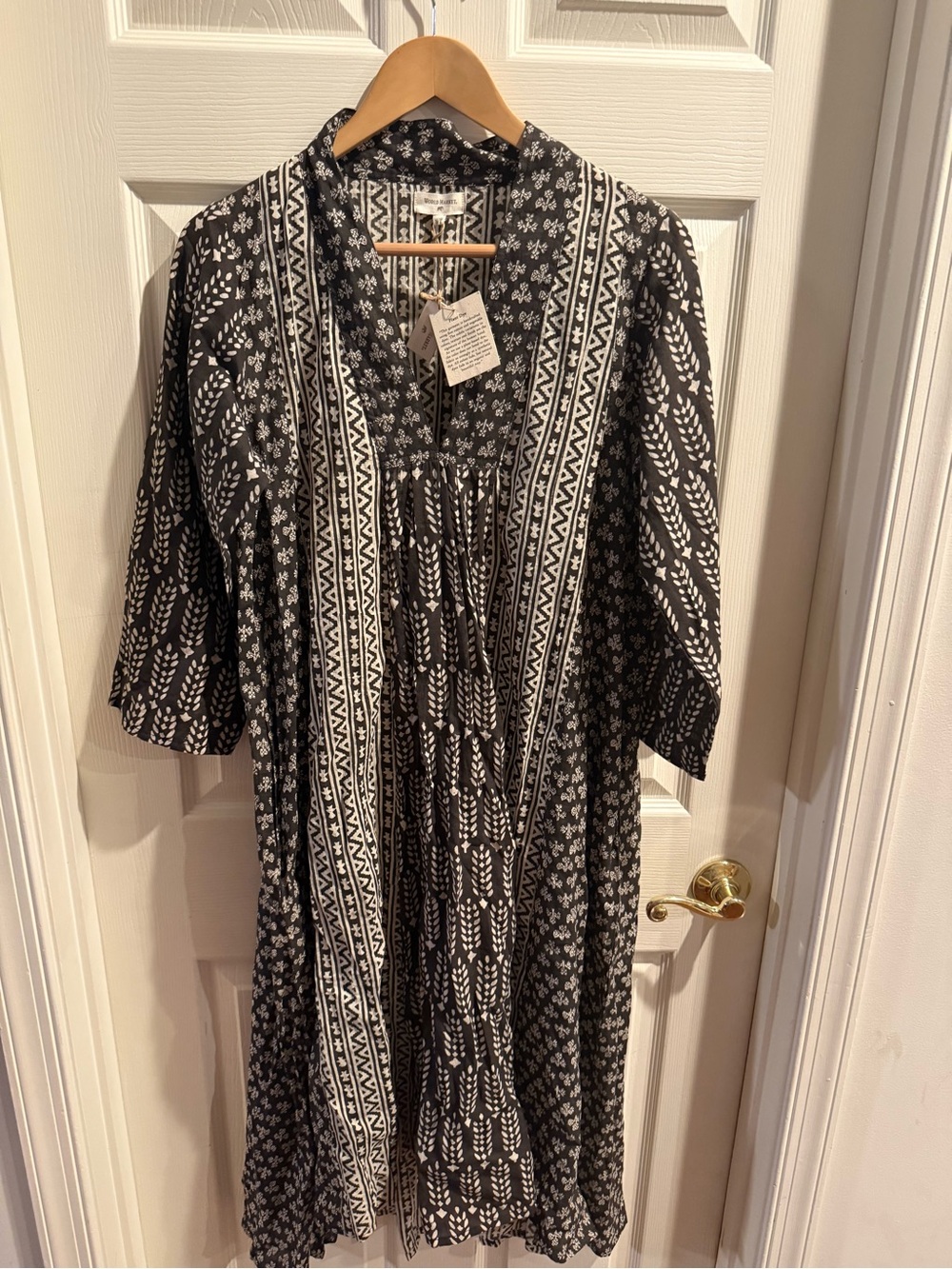 World Market Black and Beige Boho Print Kaftan Midi Dress